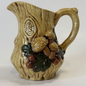 VINTAGE Ceramic 5" MUSHROOM PITCHER Forest Creamer Vase 1970s Log Wood Acorn